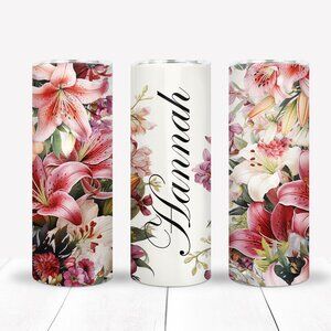 Romantic Tumbler Drinkware, Custom Name Travel Mug, Flowers, Gift Set